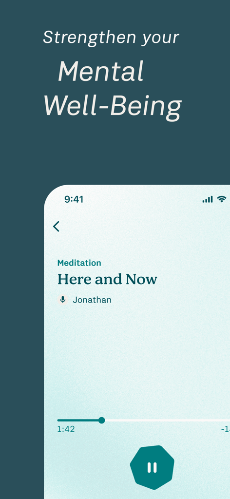 7Mind Mindfulness & Meditation - Interface of the 7Mind app showing a guided meditation titled Here and Now