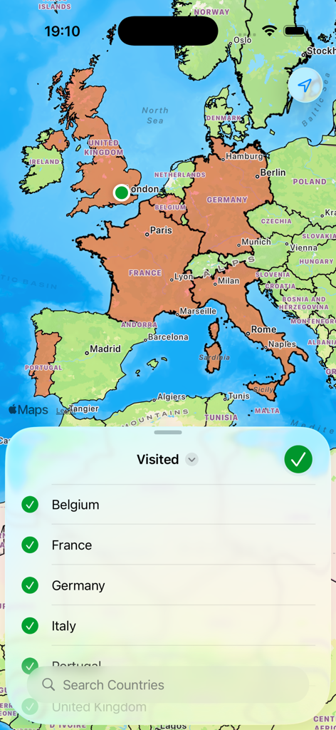 Un mapa interactivo del mundo que muestra los países europeos visitados resaltados en naranja con una lista de verificación correspondiente de destinos debajo.