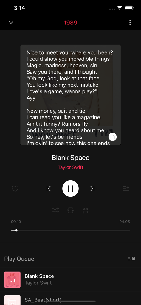 Send Anywhere mobile app music player screen showing lyrics and playback controls for a song