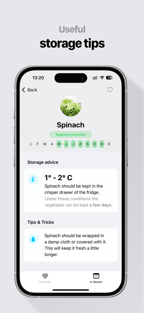 In Season: eat fresh & healthy - Écran d'application mobile montrant des conseils de conservation et la disponibilité saisonnière pour les épinards.