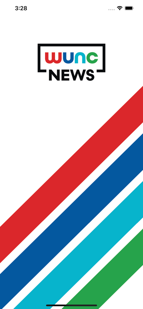 WUNC - WUNC News app splash screen with logo and colorful diagonal stripes