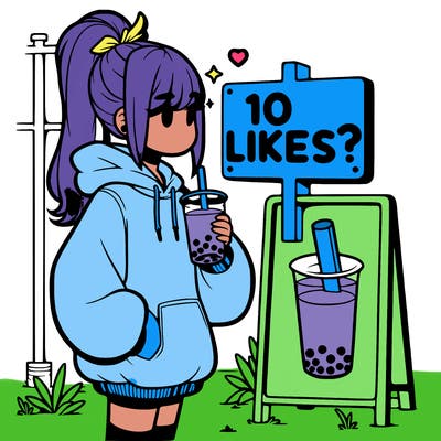 girl with oversized hoodie drinking boba and she has a high ponytail with a sign that says 10likes?