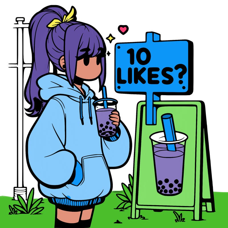 girl with oversized hoodie drinking boba and she has a high ponytail with a sign that says 10likes?
