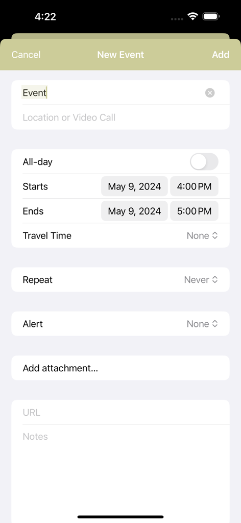 Calendar Widget - Interfaccia per l'aggiunta di un nuovo evento con impostazioni di data e ora nell'app Widget Calendario.