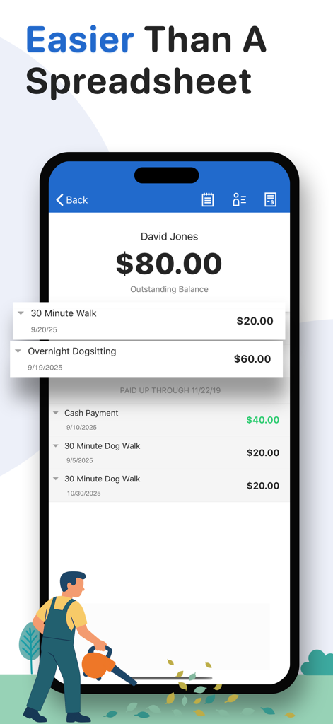 Giggy Bank - Income Tracker - Giggy Bank app screen showing a client outstanding balance and service logs for a solo pet care business