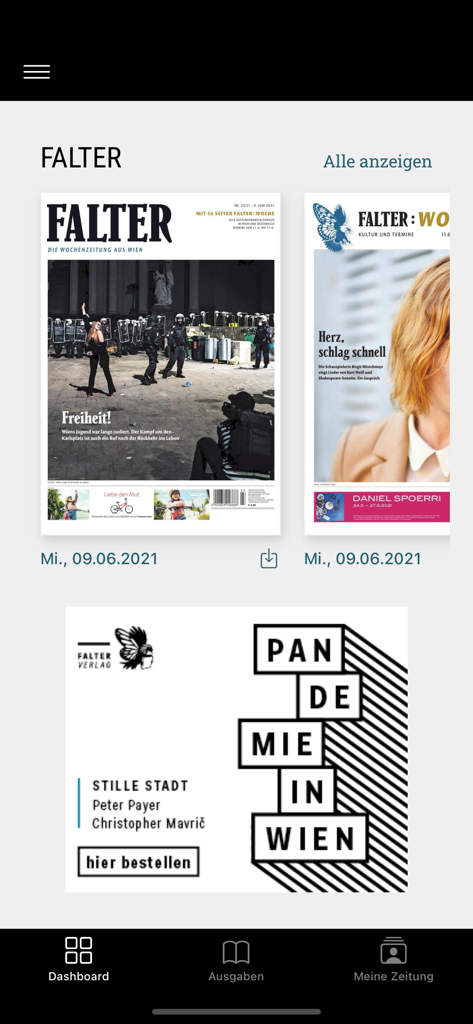 FALTER - Painel do aplicativo FALTER exibindo edições digitais atuais do jornal austríaco e seus suplementos.
