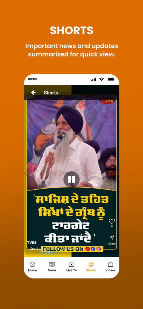 TV84 News - TV84 News app screen showing the Shorts feature with summarized Punjabi news updates