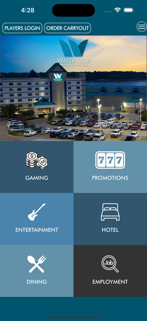 WaterView Casino & Hotel - WaterView Casino and Hotelアプリのホーム画面。ゲーミング、ホテル、ダイニングのメニューオプションが表示されます。