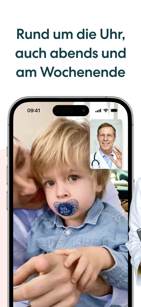 A smartphone screen showing a 24-7 video consultation with a doctor for a child