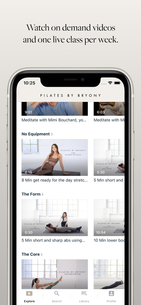 Pilates By Bryony - Interface of the Pilates By Bryony app displaying various on demand workout categories and video classes