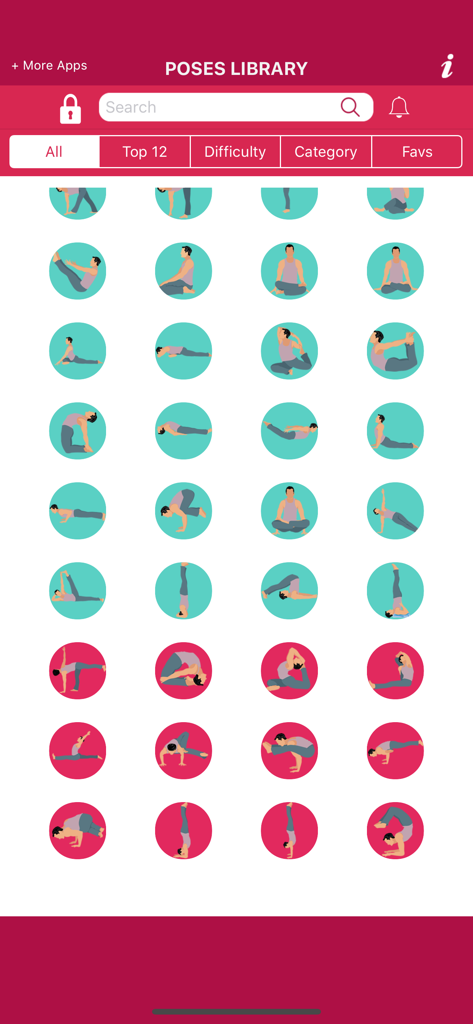 初心者向けヨガアプリで、プロのイラストと難易度フィルターを備えたヨガポーズのライブラリ。