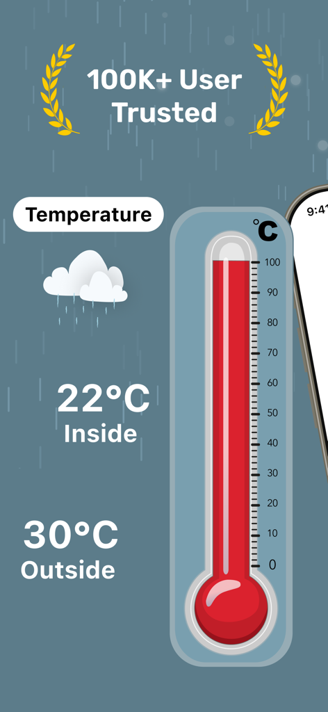 Room Temperature Check - Room Temperature Check app interface displaying indoor and outdoor temperatures with a large red thermometer graphic.