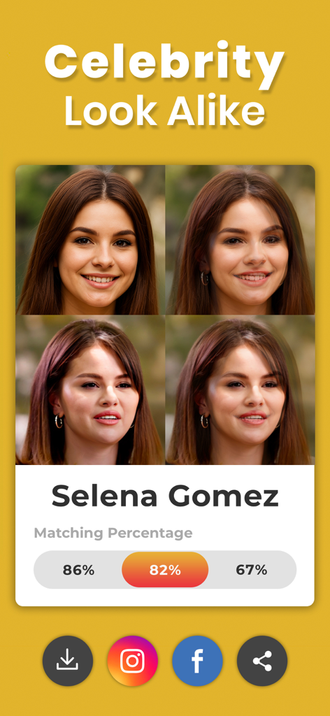 Celebrity Look Alike - Celebrity Look Alike app showing a facial match result with Selena Gomez