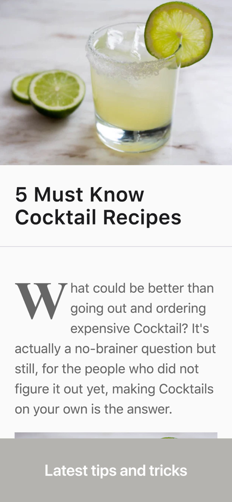 A margarita cocktail with a lime garnish and salt rim featured in a blog post about five essential cocktail recipes