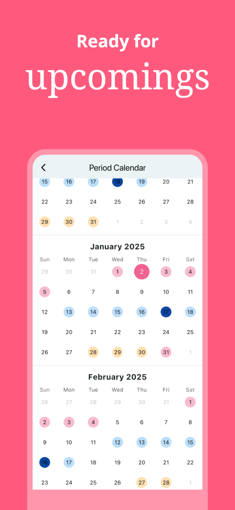 Rise, Period Tracker, Calendar - Monthly period calendar interface showing predicted cycles and fertile windows.
