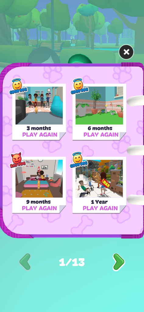 Dog Life Simulator ! - Écran de jeu de Simulateur de Vie de Chien montrant un album de jalons de vie, du chiot à un an, avec des évaluations de comportement