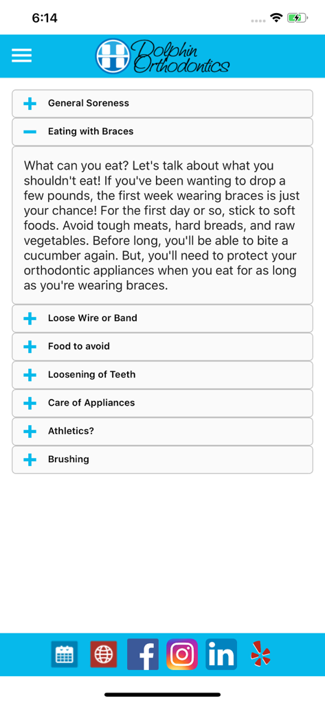 Dolphin MyOrthodontist - Patient education FAQ screen in the Dolphin MyOrthodontist app providing advice on eating with braces and other orthodontic care topics.