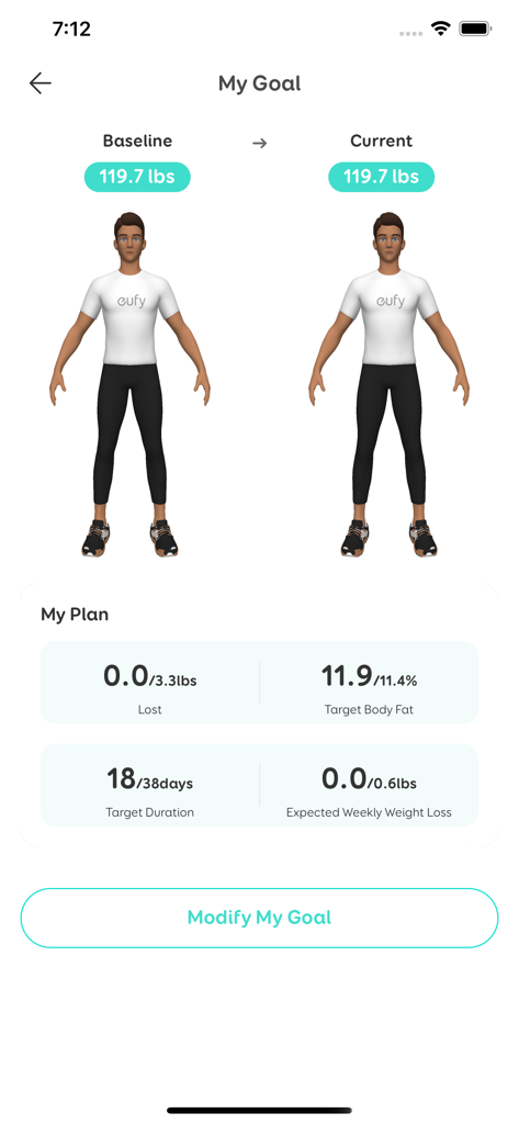 eufy Life app My Goal screen displaying weight progress and health plan metrics