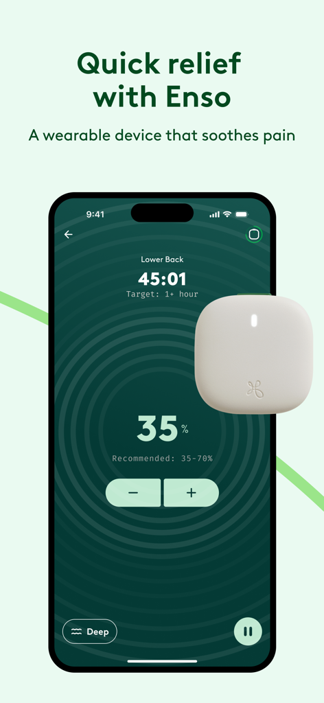 Hinge Health 앱 인터페이스로 Enso 웨어러블 통증 완화 장치 제어