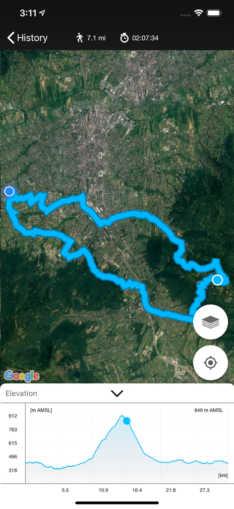 GPS Altimeter - Altitude & Map - A screenshot of the GPS Altimeter app displaying a satellite map with a blue tracked route and an elevation profile chart at the bottom.