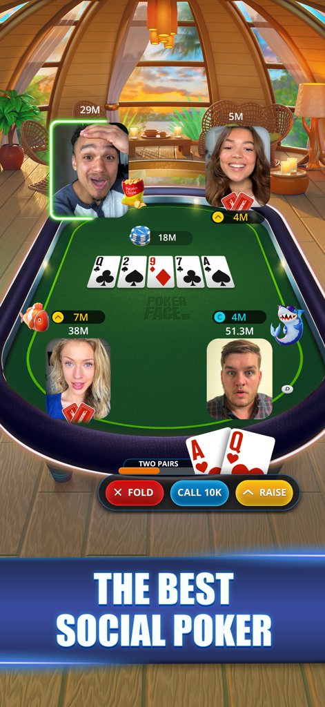 Players using live video chat while playing a Texas Holdem poker game