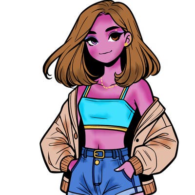 a realistic girl with a crop top and short shorts in an open jacket
