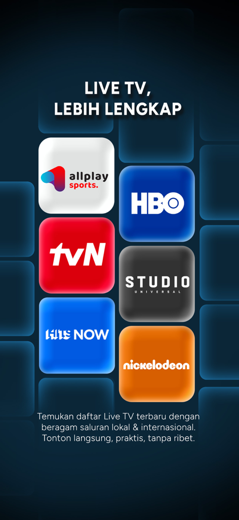 MAXstream app interface showcasing premium live TV channels including HBO tvN and Nickelodeon