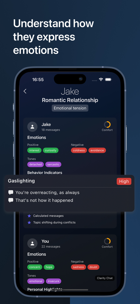 Deep Conversations: Clarity - A mobile interface of the Clarity app showing a detailed emotional analysis of a romantic chat including gaslighting detection and mood tags like coldness and avoidance.