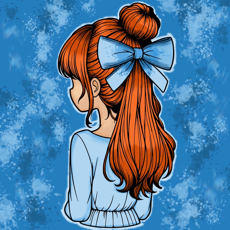 realistic girl  with hip length hair a bun and a big bow on the back of head