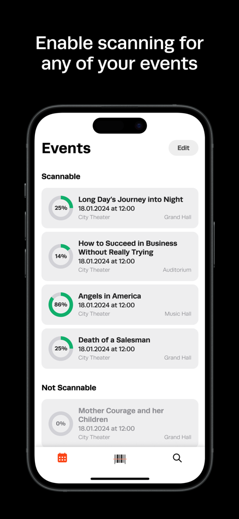 La pantalla de resumen de eventos de la aplicación Tixly Scanner muestra una lista de próximos espectáculos con porcentajes de progreso de escaneo.