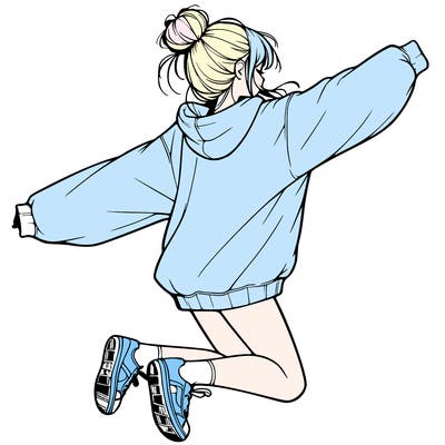 realistic girl jumping with a bun and oversized sweatshirt