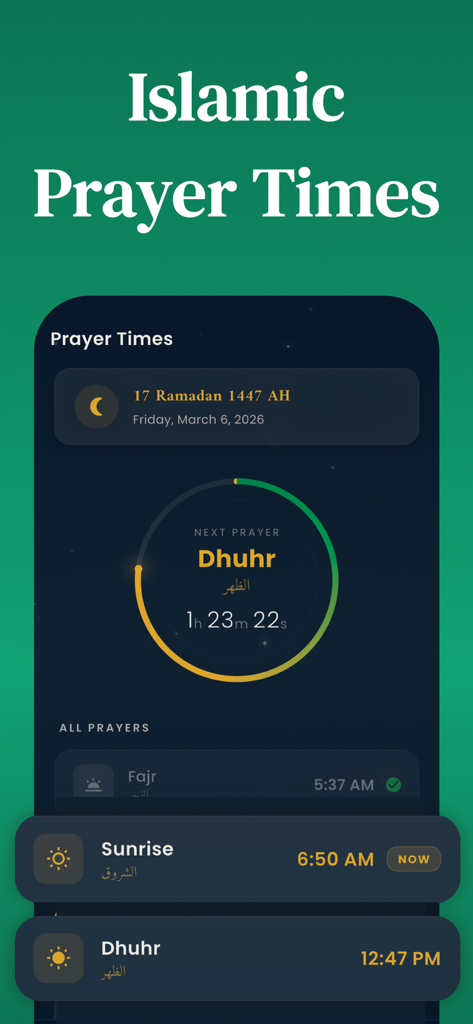 Qibla direction: Mecca compass - Mobile app interface displaying accurate Islamic prayer times with a countdown to the next prayer and daily schedule
