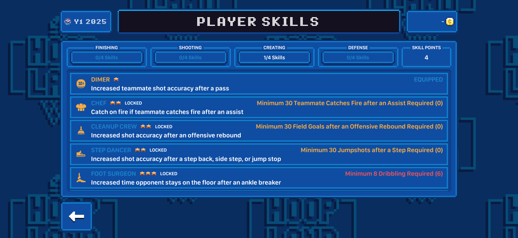 Hoop Land - Menú de habilidades de jugador de pixel art retro en Hoop Land que muestra habilidades de baloncesto y requisitos de desbloqueo