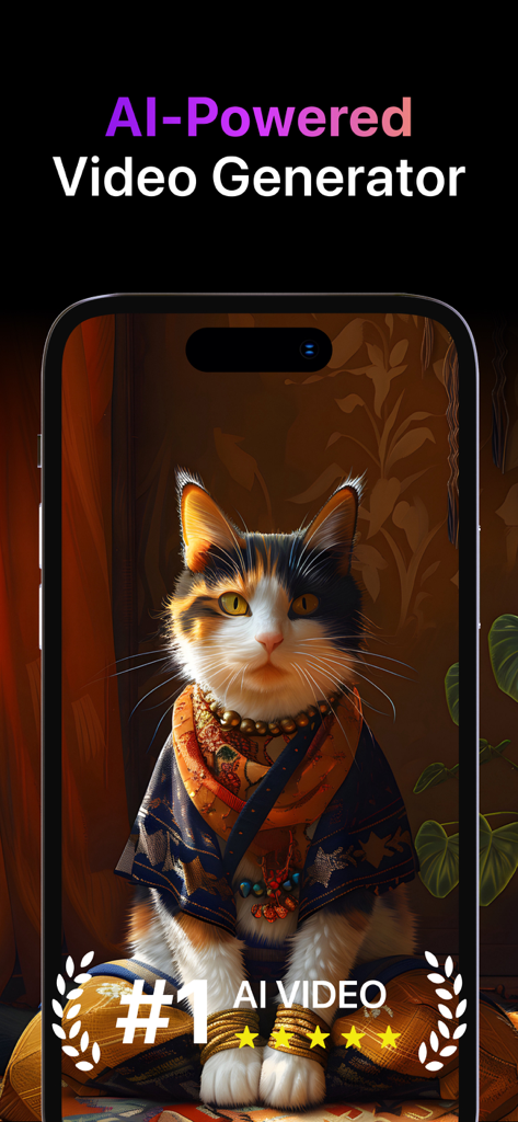 Pixverseアプリのインターフェース、AI搭載のビデオ生成と映画のような猫のポートレートを表示
