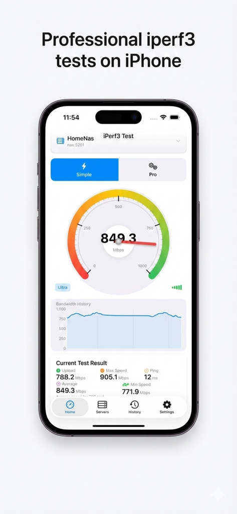 iPerf3 Client & Server - Professional iPerf3 network speed test interface on an iPhone showing throughput metrics and bandwidth history