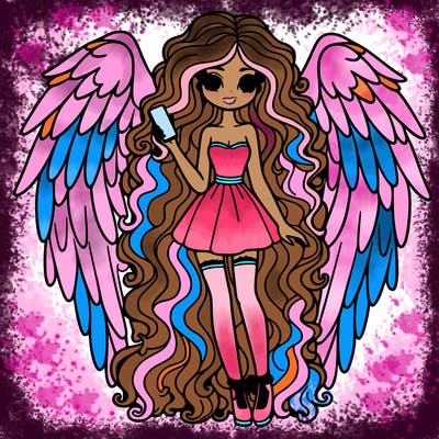 uzun kıvırcık saçlı uzun boylu büyük kanatlı elinde telefon kısa elbisesi olan