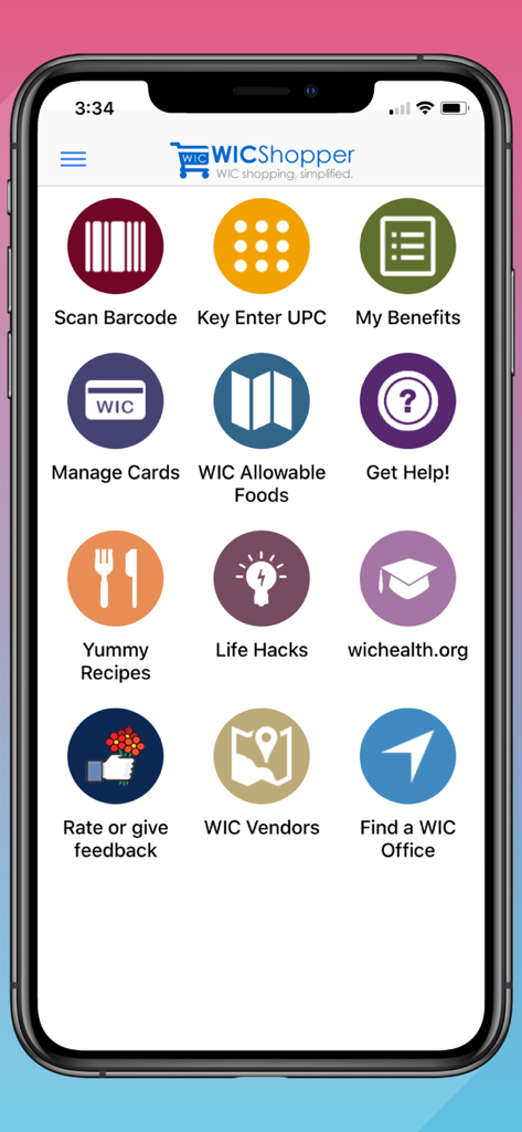 WICShopper app home screen displaying menu icons for scanning barcodes checking benefits and finding WIC vendors