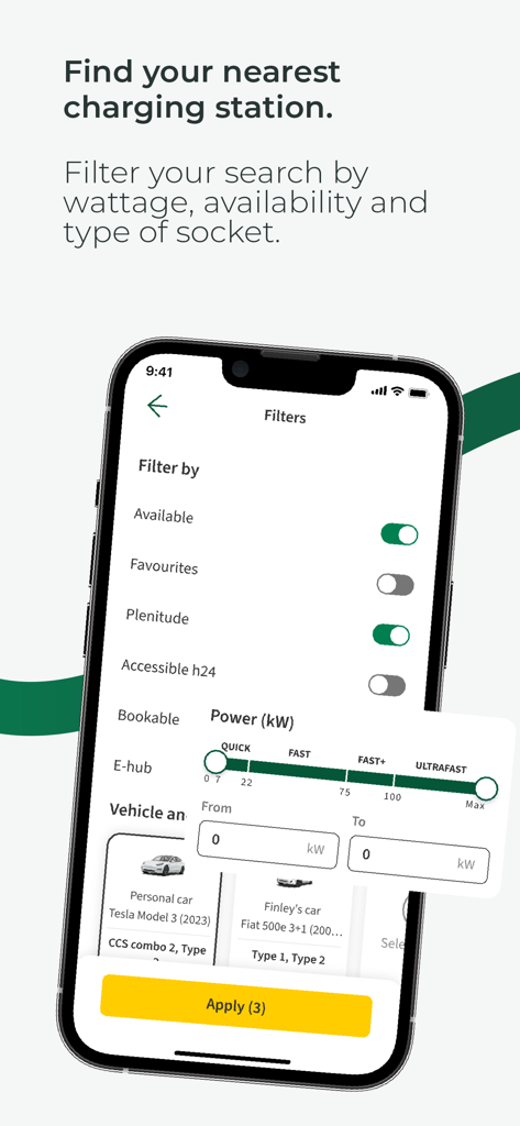Interfaz que muestra filtros de estación de carga para disponibilidad y potencia en un iPhone.