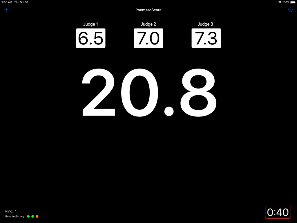 PoomsaeScore - Taekwondo Poomsae scoring display showing three judge scores and total