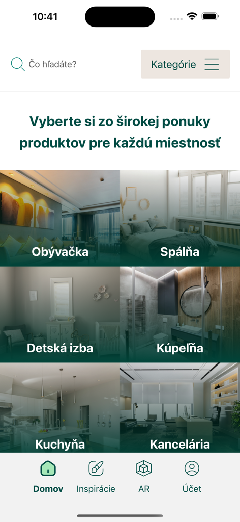 Home screen of the Virtual Dom app showing room categories like living room, bedroom, and kitchen for AR interior design.