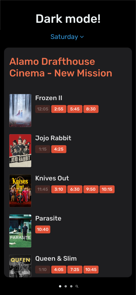 Showings — movie times & more - Filmspielzeitenliste für Alamo Drafthouse Cinema im Dunkelmodus
