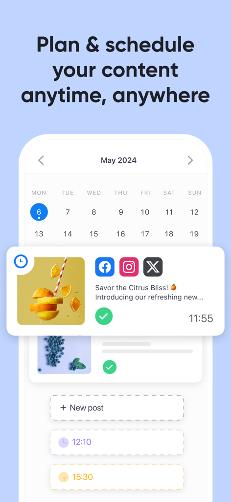Planable Mobile App-Oberfläche, die einen Social-Media-Content-Kalender und eine Vorschau geplanter Posts für mehrere Plattformen anzeigt
