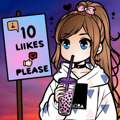 girl with a high ponytail and a hoodie drinking boba staring at a sign saying 10 likes please