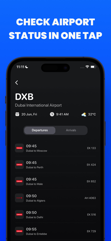 FlightsAround・Flight Tracker - FlightsAround App-Oberfläche, die die Abflugliste für den internationalen Flughafen Dubai mit Echtzeit-Flugzeiten und Zielen anzeigt.