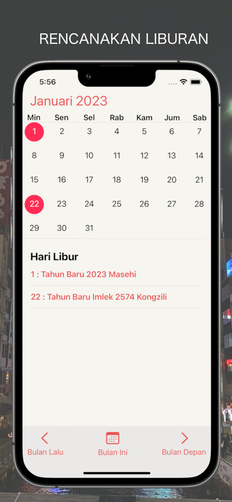 Kalender Indonesia 2026 - Indonesian calendar app screen showing January 2023 with a list of public holidays