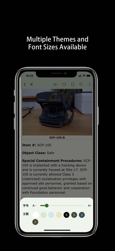 Only SCP - Pantalla móvil de la aplicación Only SCP mostrando la configuración de personalización de temas y tamaño de fuente para leer artículos de SCP.