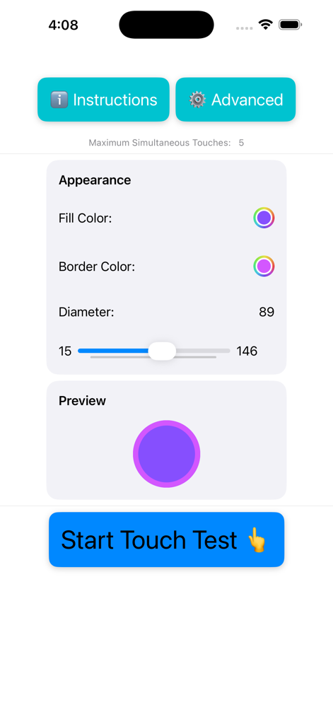 A tela de configurações avançadas do aplicativo Screen Test Utility mostrando a personalização do indicador de toque para cor e tamanho