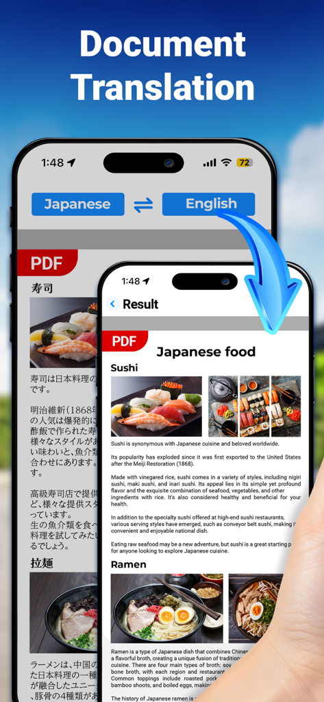 XTranslate - Photo, Voice, PDF - Una pantalla de smartphone mostrando la traducción de un documento PDF japonés al inglés usando la aplicación XTranslate.