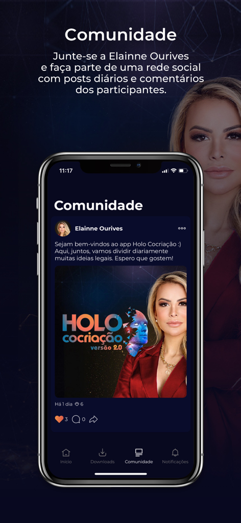 Holo Cocriação - Tela da comunidade do aplicativo Holo Cocriação, mostrando um feed social com uma postagem de Elaine Ourives