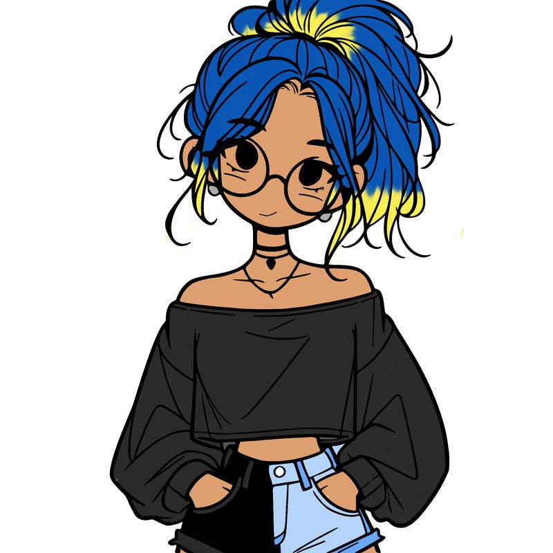 girl with a messy ponytail glasses a baggy crop top and jean shorts